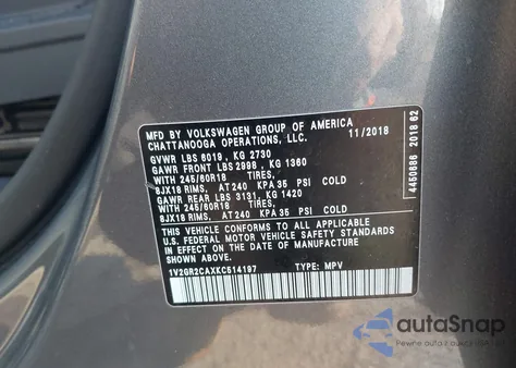2019 Volkswagen Atlas 3.6L V6 S from USA, damaged, VIN 1V2GR2CAXKC514197